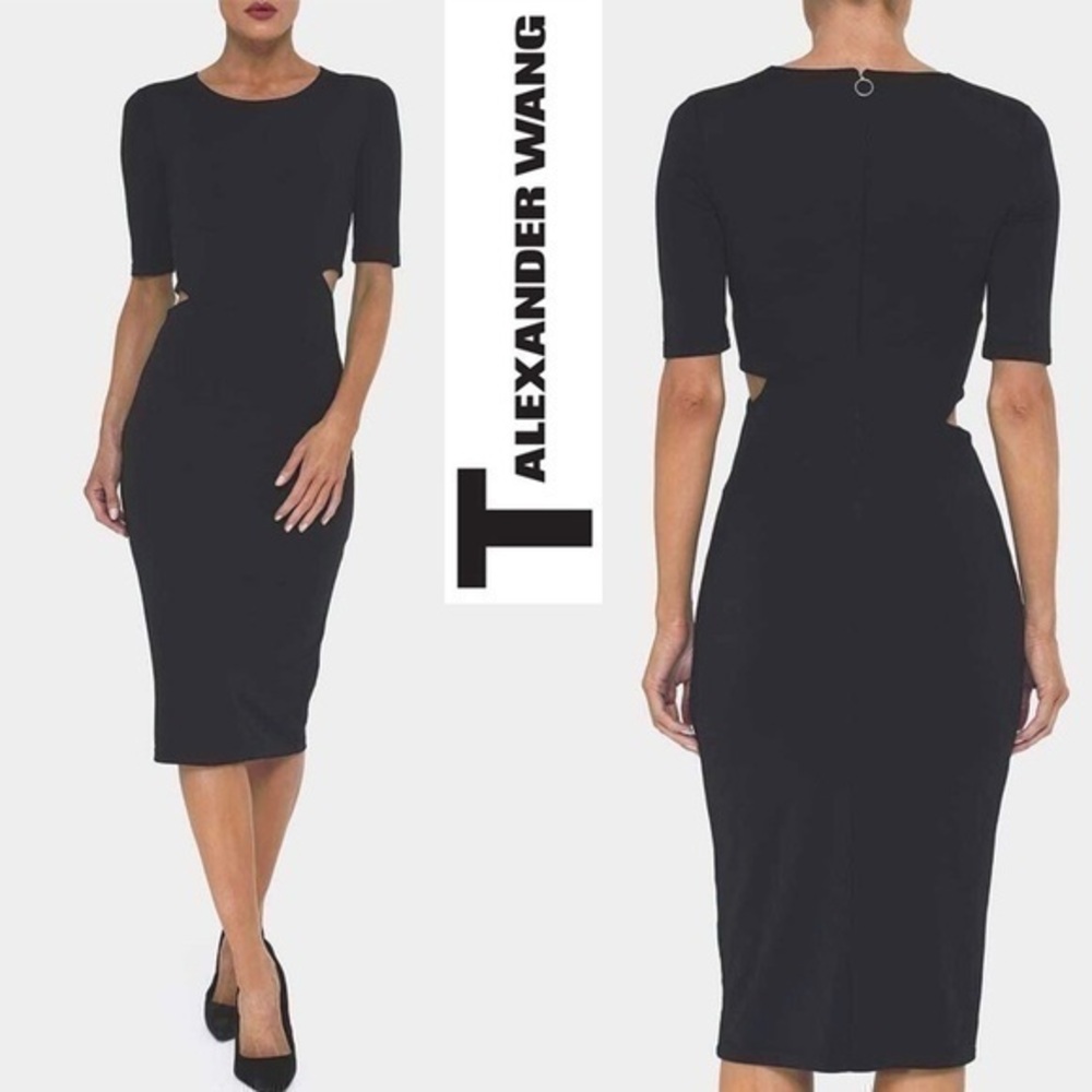 T by Alexander Wang Midnight Navy Lux Ponte Cut Out Midi Bodycon Dress L